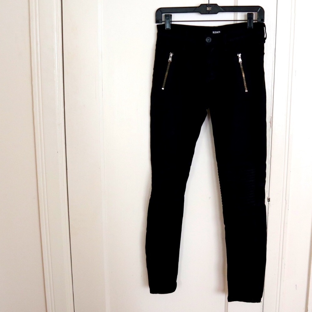 Hudson Stark Moto Pant, Front Zippers with Pleated Detail Along the Knees.